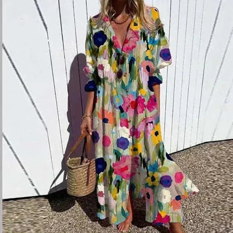 Vestido largo mujer estampado floral con escote en V y mangas a media manga