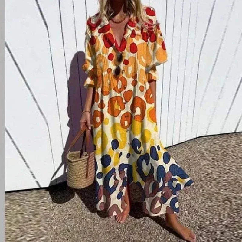 Vestido largo mujer estampado floral con escote en V y mangas a media manga