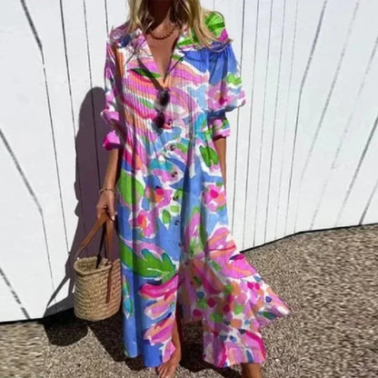 Vestido largo mujer estampado floral con escote en V y mangas a media manga