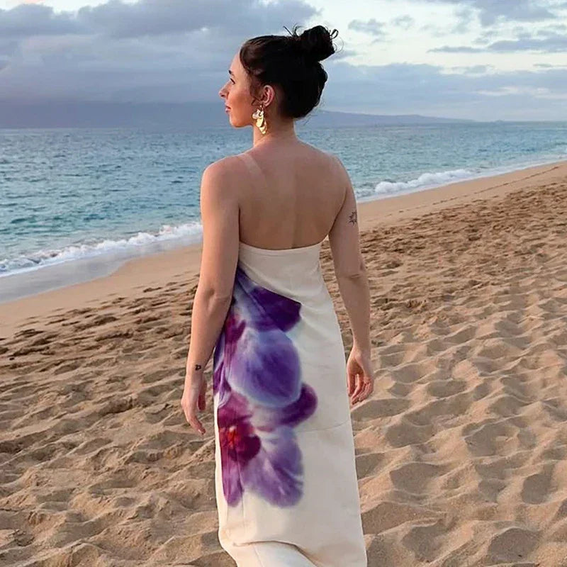 Vestido largo para mujer con estampado floral violeta sin tirantes