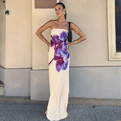 Vestido largo para mujer con estampado floral violeta sin tirantes
