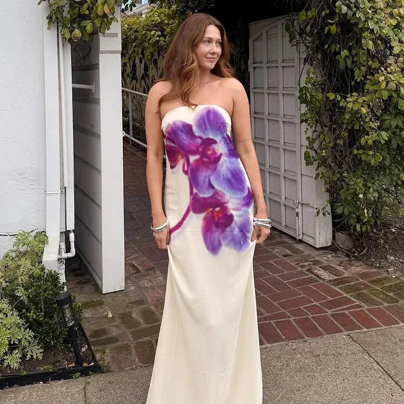 Vestido largo para mujer con estampado floral violeta sin tirantes