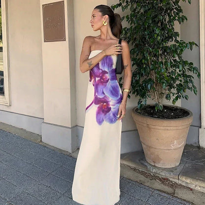 Vestido largo para mujer con estampado floral violeta sin tirantes