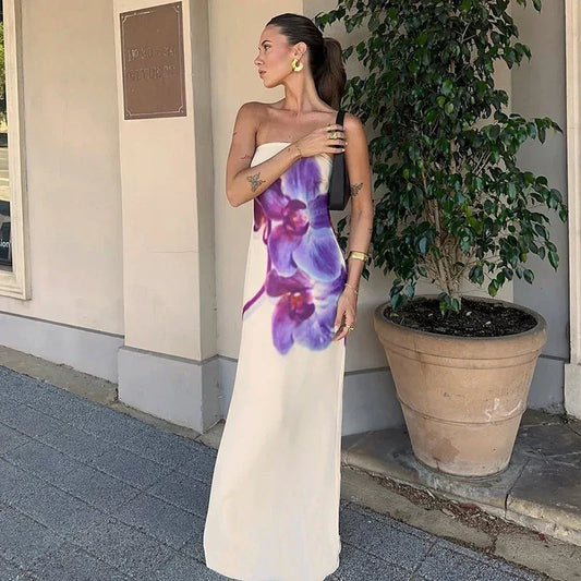 Vestido largo para mujer con estampado floral violeta sin tirantes