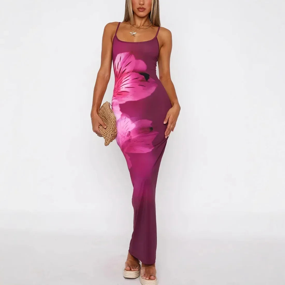 Vestido largo mujer con estampado artístico y tirantes
