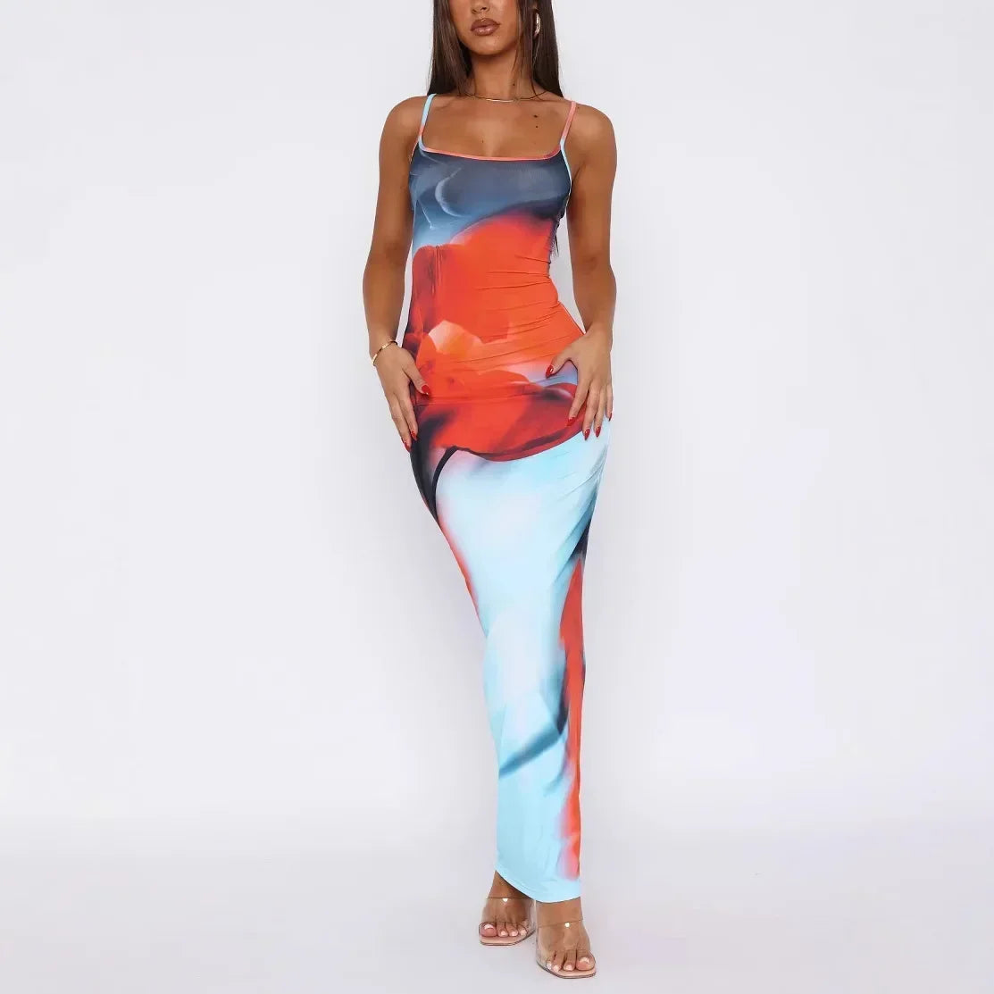 Vestido largo mujer con estampado artístico y tirantes