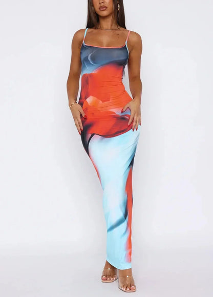 Vestido largo mujer con estampado artístico y tirantes