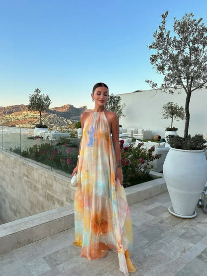 Vestido largo estampado con espalda descubierta para mujer