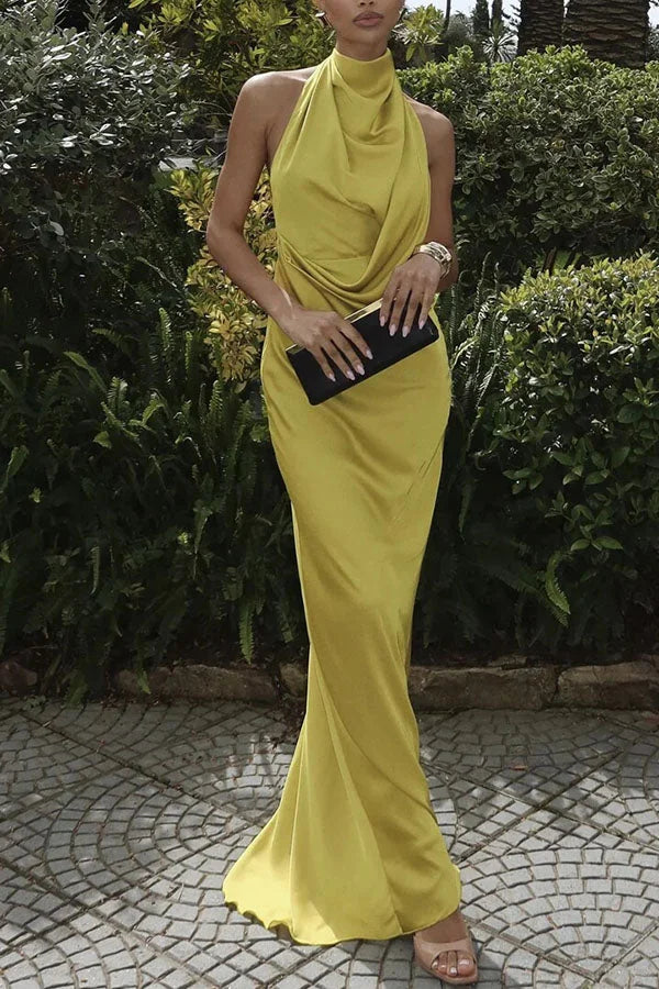 Vestido largo para mujer amarillo limón con cuello drapeado