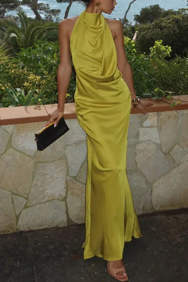 Vestido largo para mujer amarillo limón con cuello drapeado