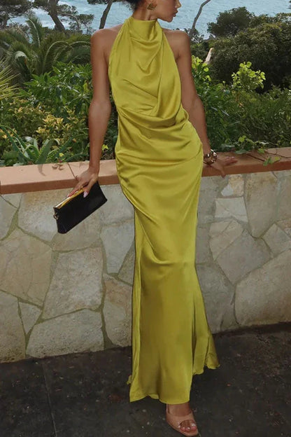 Vestido largo para mujer amarillo limón con cuello drapeado