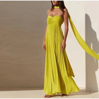 Vestido largo mujer amarillo con cuello anudado