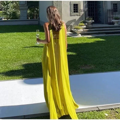 Vestido largo mujer amarillo con cuello anudado