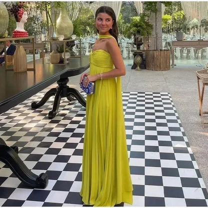 Vestido largo mujer amarillo con cuello anudado