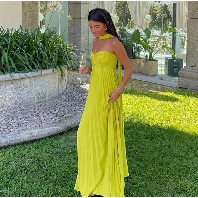 Vestido largo mujer amarillo con cuello anudado
