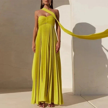 Vestido largo mujer amarillo con cuello anudado