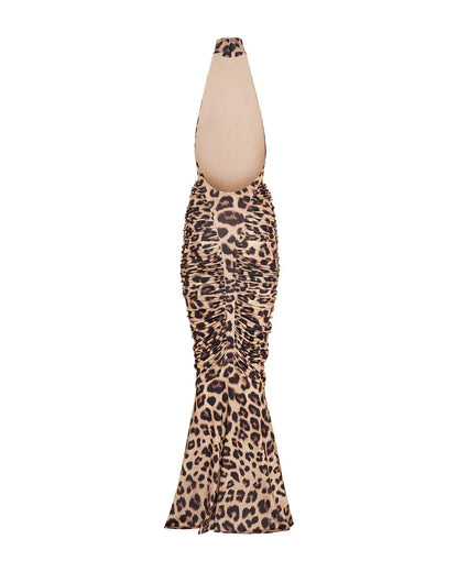 Vestido largo de mujer estampado leopardo con espalda descubierta