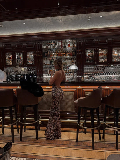 Vestido largo de mujer estampado leopardo con espalda descubierta
