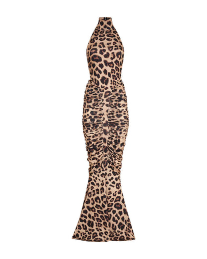 Vestido largo de mujer estampado leopardo con espalda descubierta