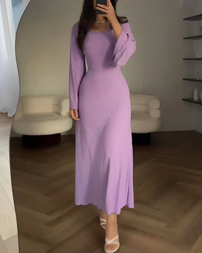 Vestido largo mujer lila con escote cuadrado y mangas largas