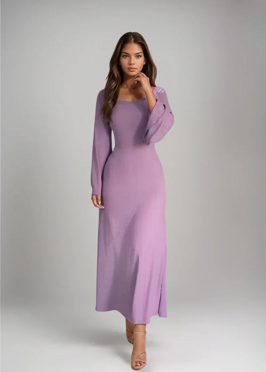 Vestido largo mujer lila con escote cuadrado y mangas largas