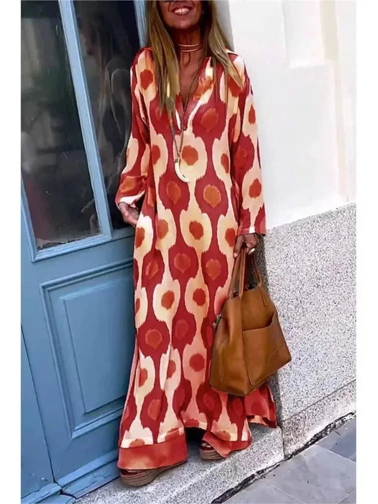 Vestido largo mujer con mangas largas, estampado y escote en V fluido