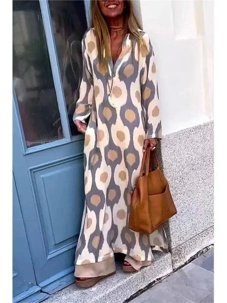 Vestido largo mujer con mangas largas, estampado y escote en V fluido