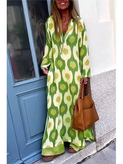 Vestido largo mujer con mangas largas, estampado y escote en V fluido