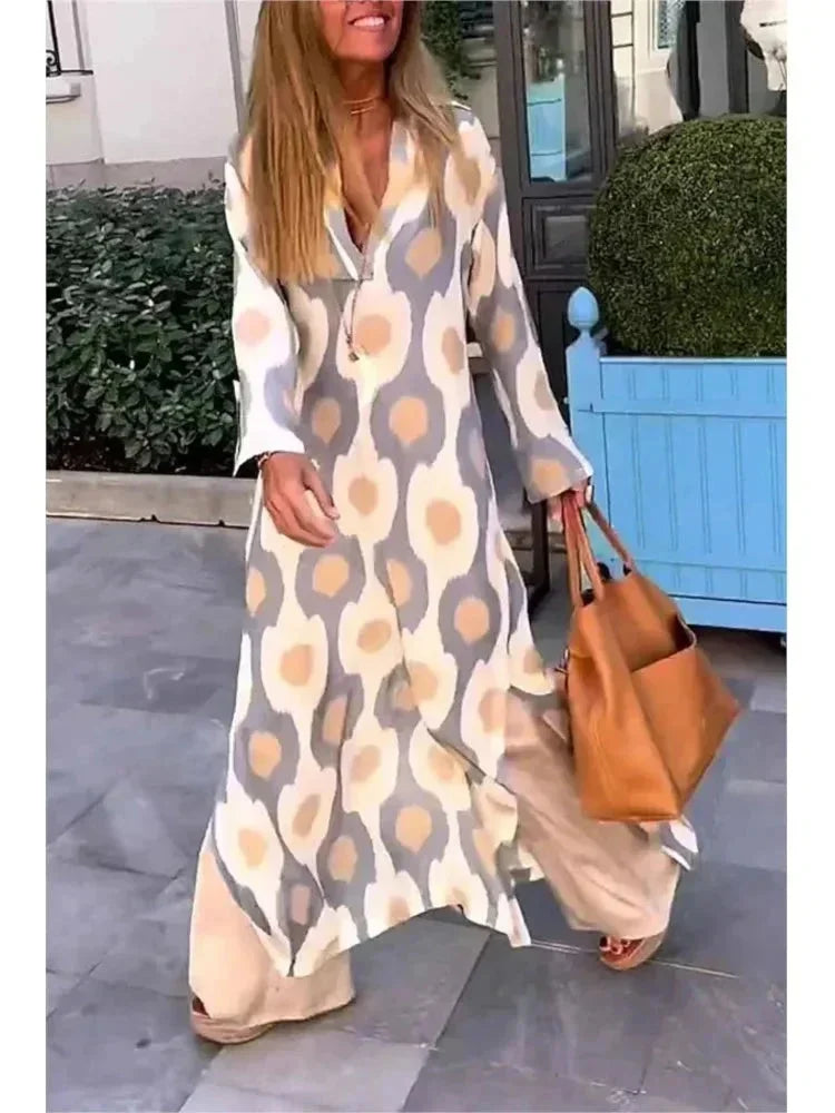 Vestido largo mujer con mangas largas, estampado y escote en V fluido