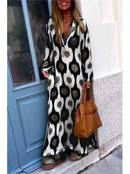 Vestido largo mujer con mangas largas, estampado y escote en V fluido