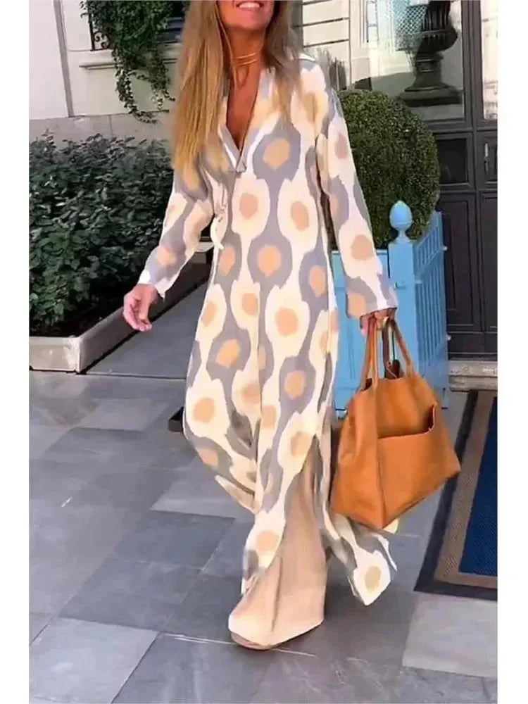 Vestido largo mujer con mangas largas, estampado y escote en V fluido