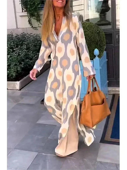 Vestido largo mujer con mangas largas, estampado y escote en V fluido