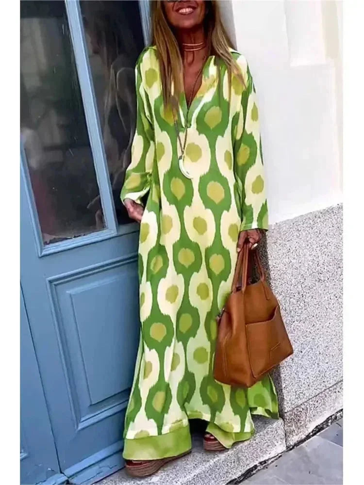 Vestido largo mujer con mangas largas, estampado y escote en V fluido