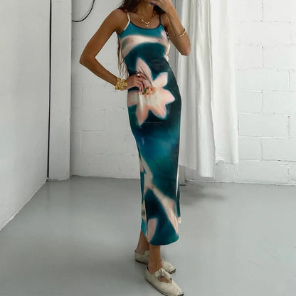 Vestido largo para mujer con motivos artísticos y tirantes finos