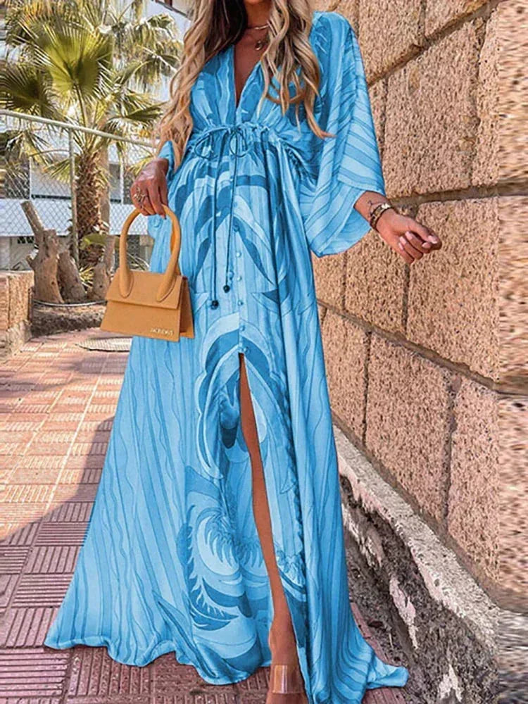 Vestido largo mujer estampado con cinturón y mangas largas