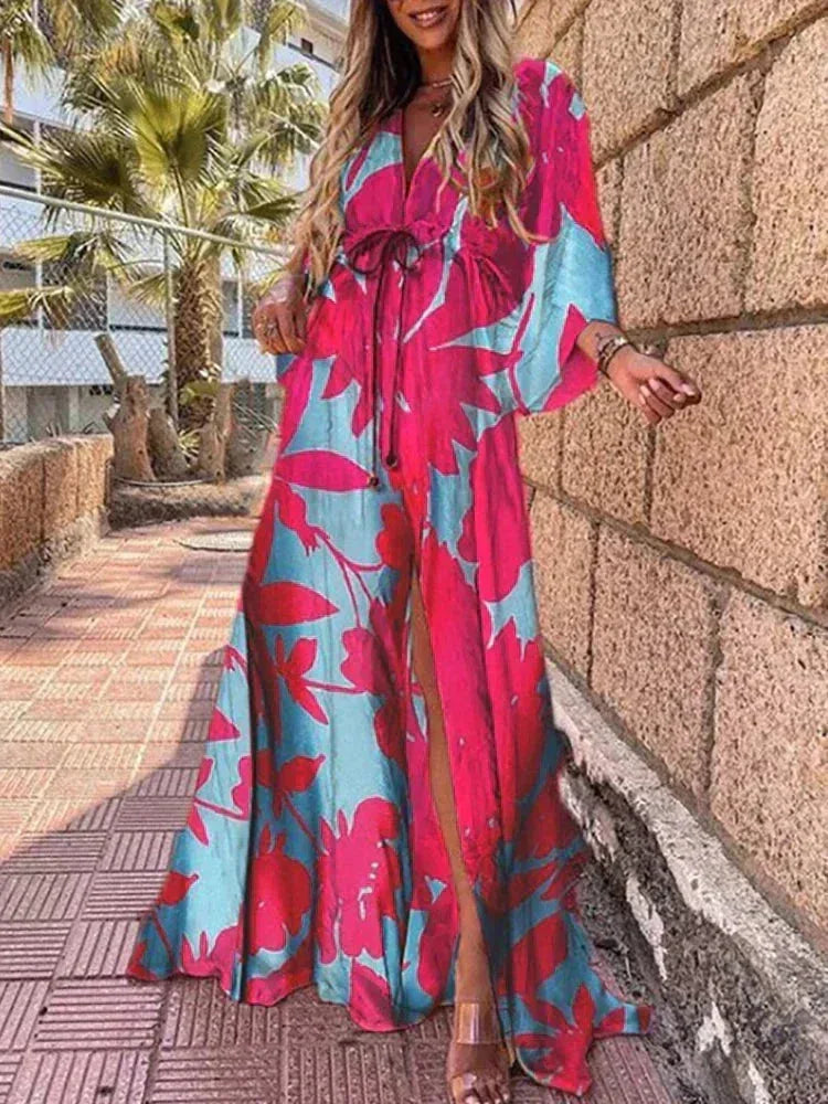 Vestido largo mujer estampado con cinturón y mangas largas