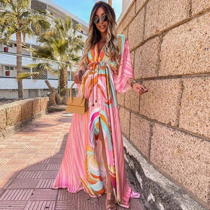 Vestido largo mujer estampado con cinturón y mangas largas