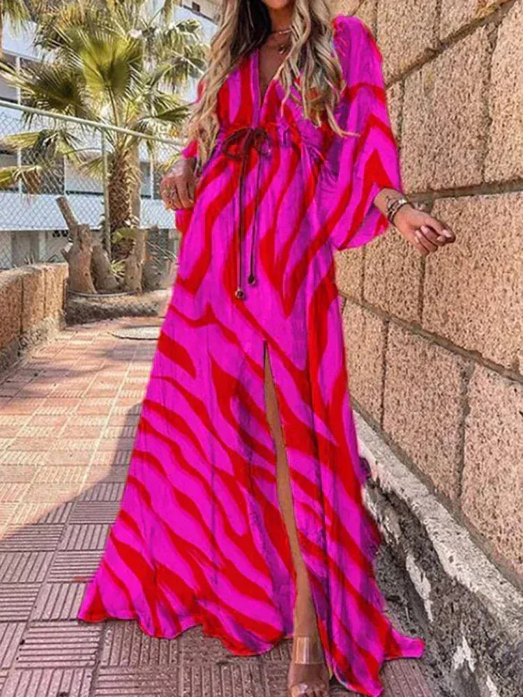 Vestido largo mujer estampado con cinturón y mangas largas