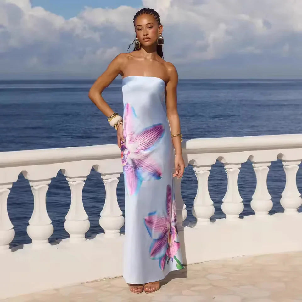 Vestido largo para mujer con motivos florales y escote sin tirantes