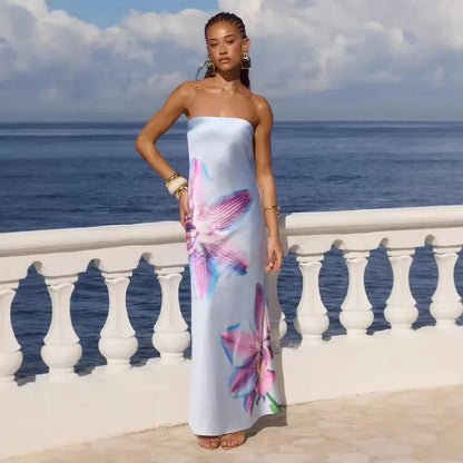 Vestido largo para mujer con motivos florales y escote sin tirantes
