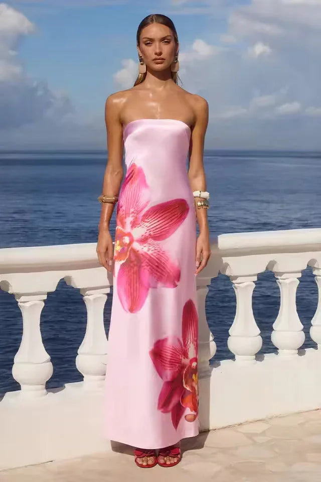 Vestido largo para mujer con motivos florales y escote sin tirantes
