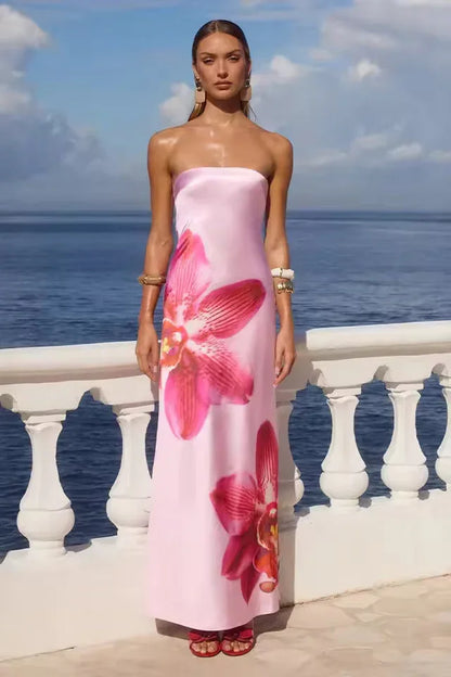 Vestido largo para mujer con motivos florales y escote sin tirantes