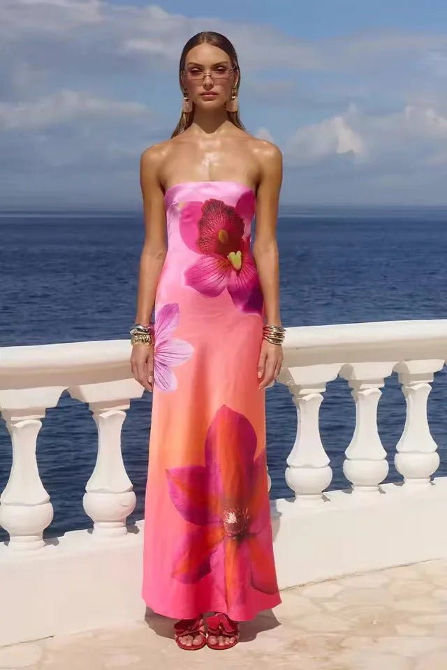 Vestido largo para mujer con motivos florales y escote sin tirantes