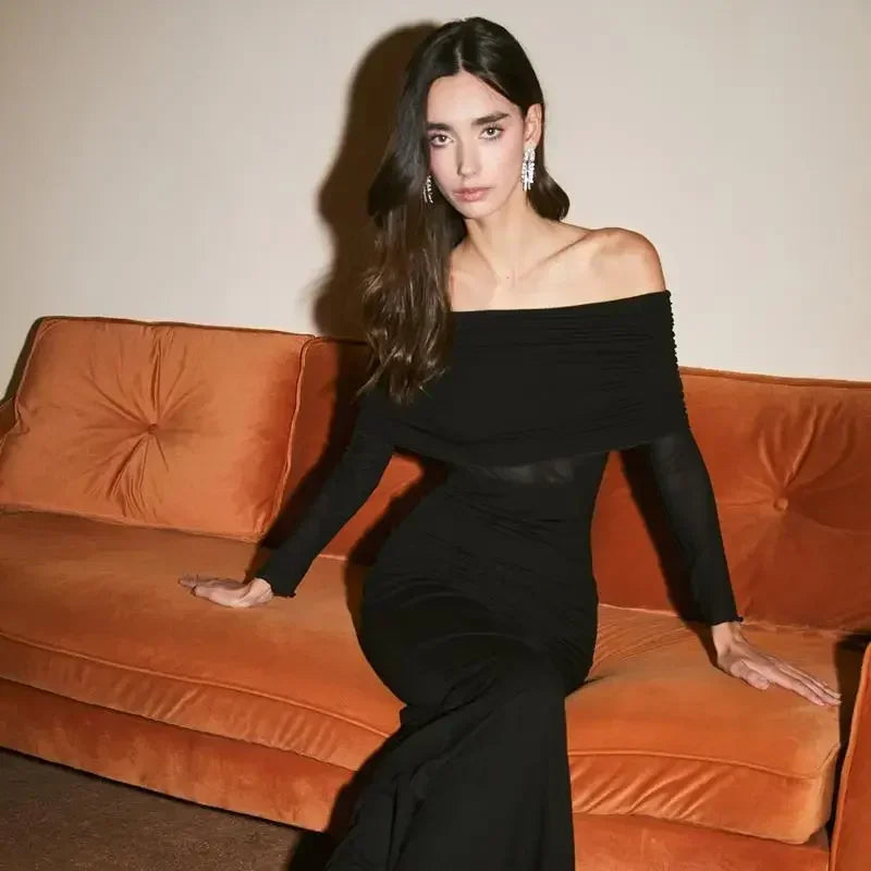 Vestido largo mujer negro con los Hombros descubiertos