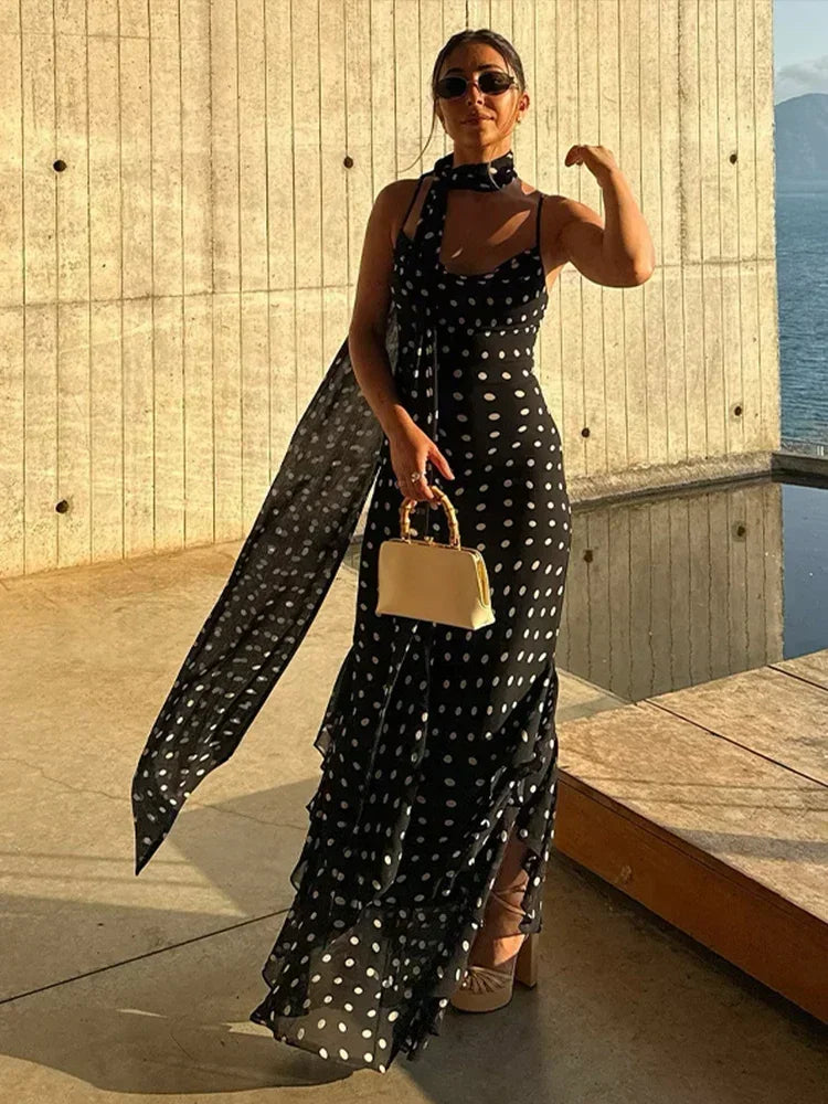Vestido largo mujer negro con lunares