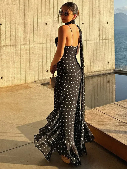Vestido largo mujer negro con lunares