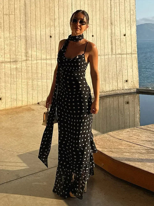 Vestido largo mujer negro con lunares