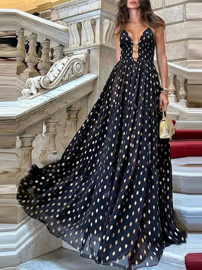 Vestido largo mujer negro con lunares