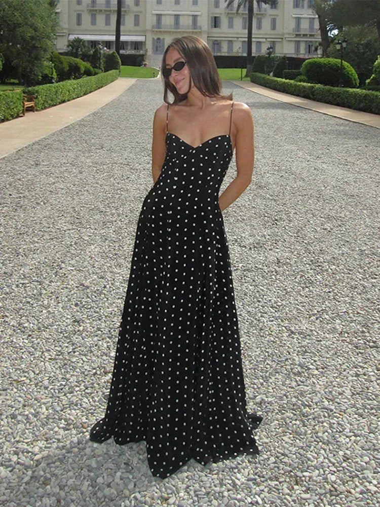 Vestido largo mujer negro con lunares