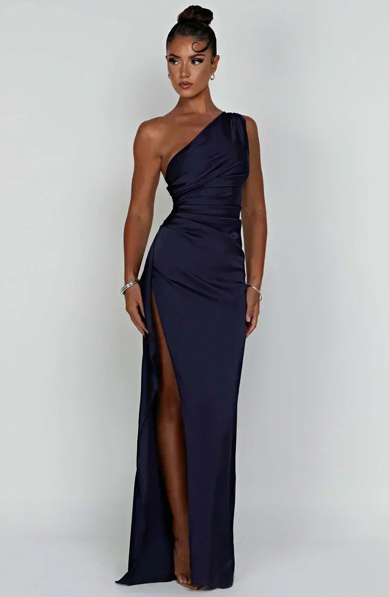 Vestido largo mujer negro asimétrico